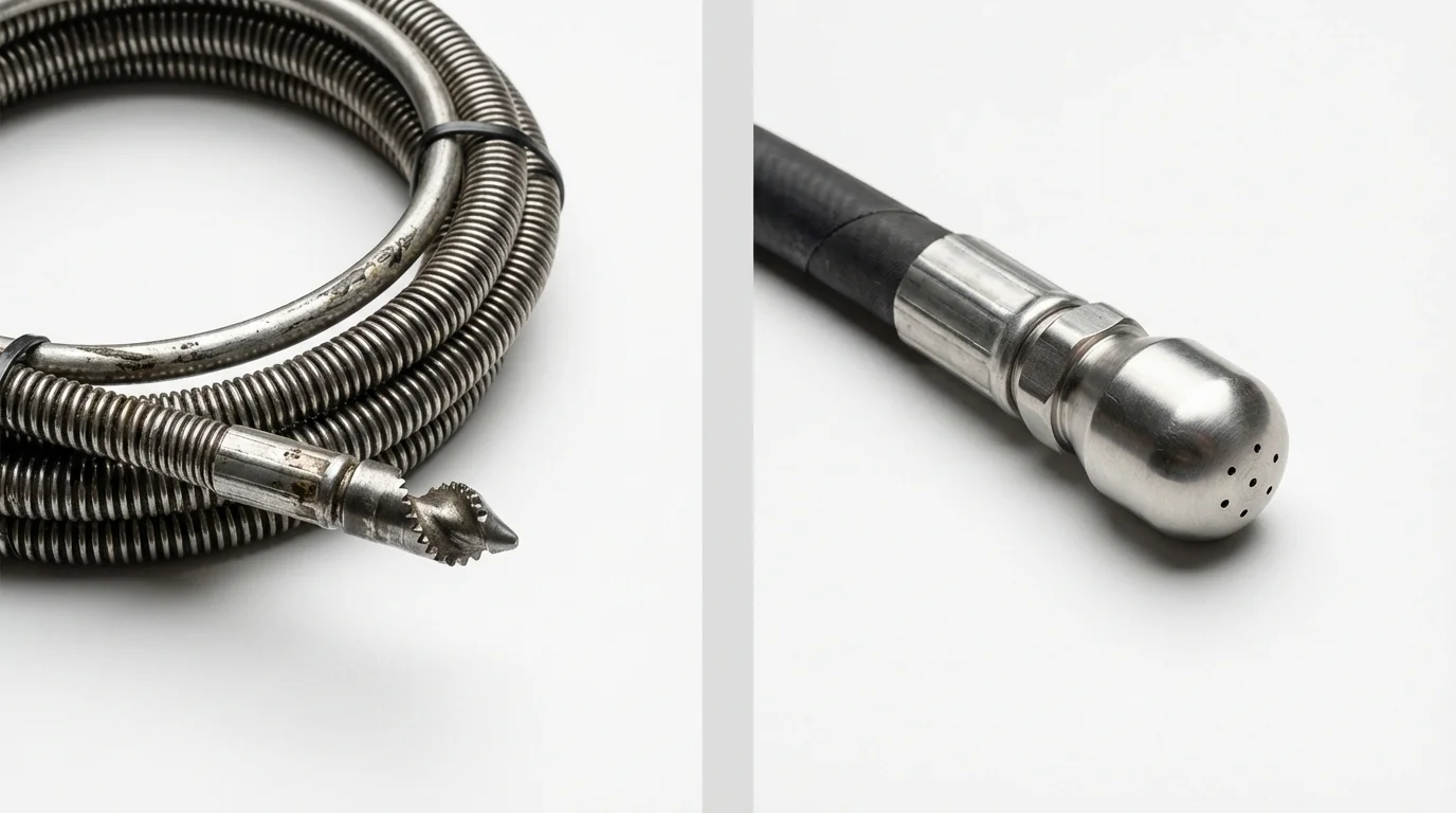 Drain snake cable and hydro jetting nozzle used for drain cleaning in Anderson, CA