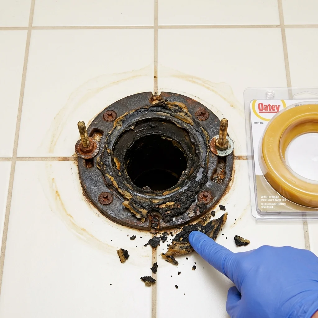 Failed wax ring showing water seepage at the base of a toilet in a Anderson, CA home