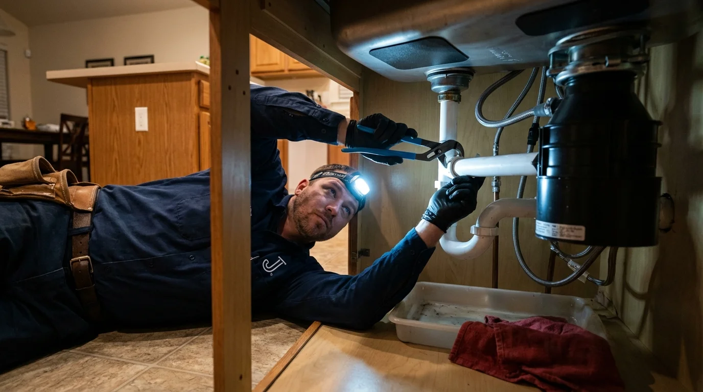 P-trap and supply line connections under a kitchen sink showing a common leak point in Anderson, CA